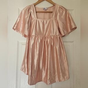 Juniper Ln Maternity Satin Square Neck Puff Sleeve Dress in Blush